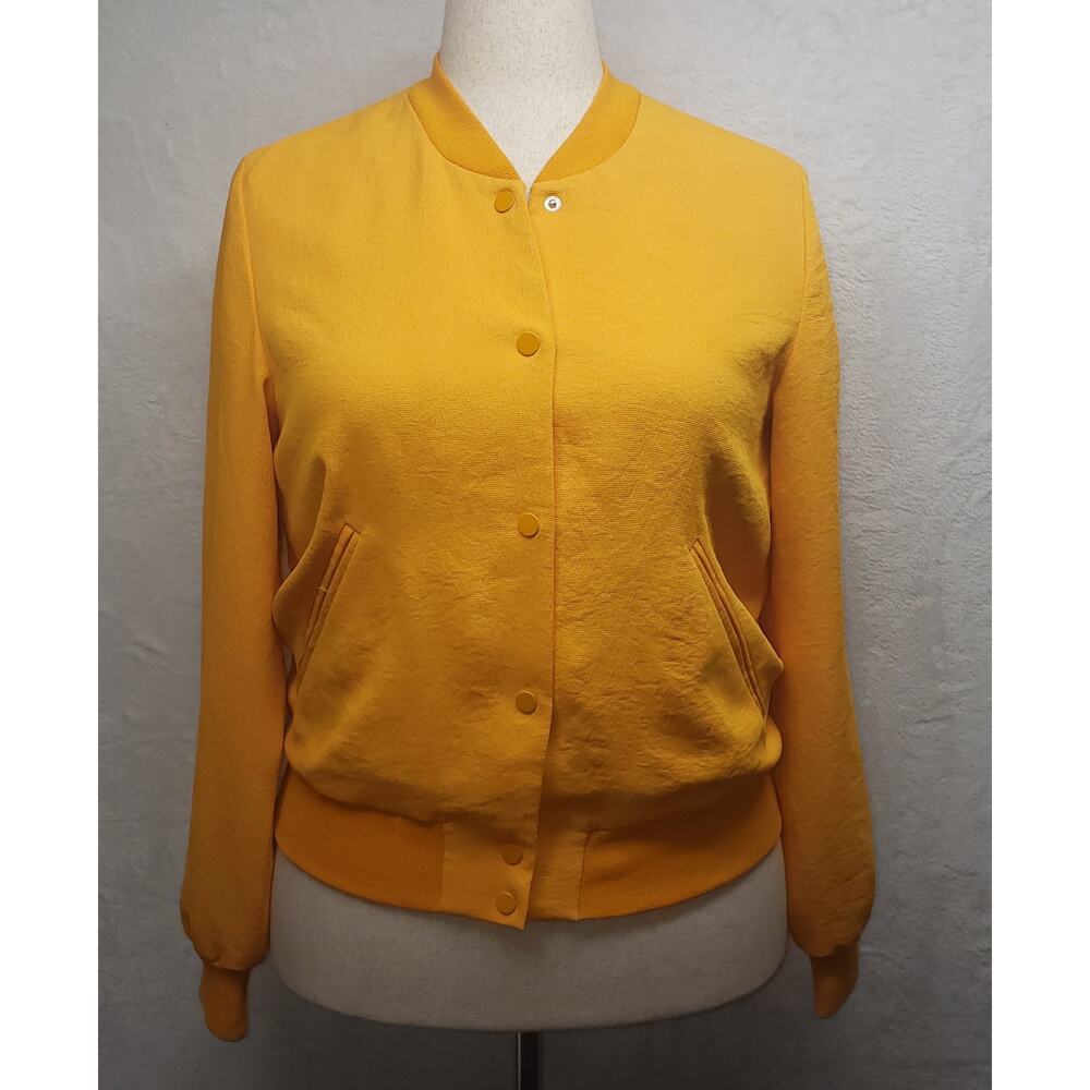 Women’s Marigold Yellow Bomber Jacket L Ribbed Trim Tonal Snaps Minimalist Style